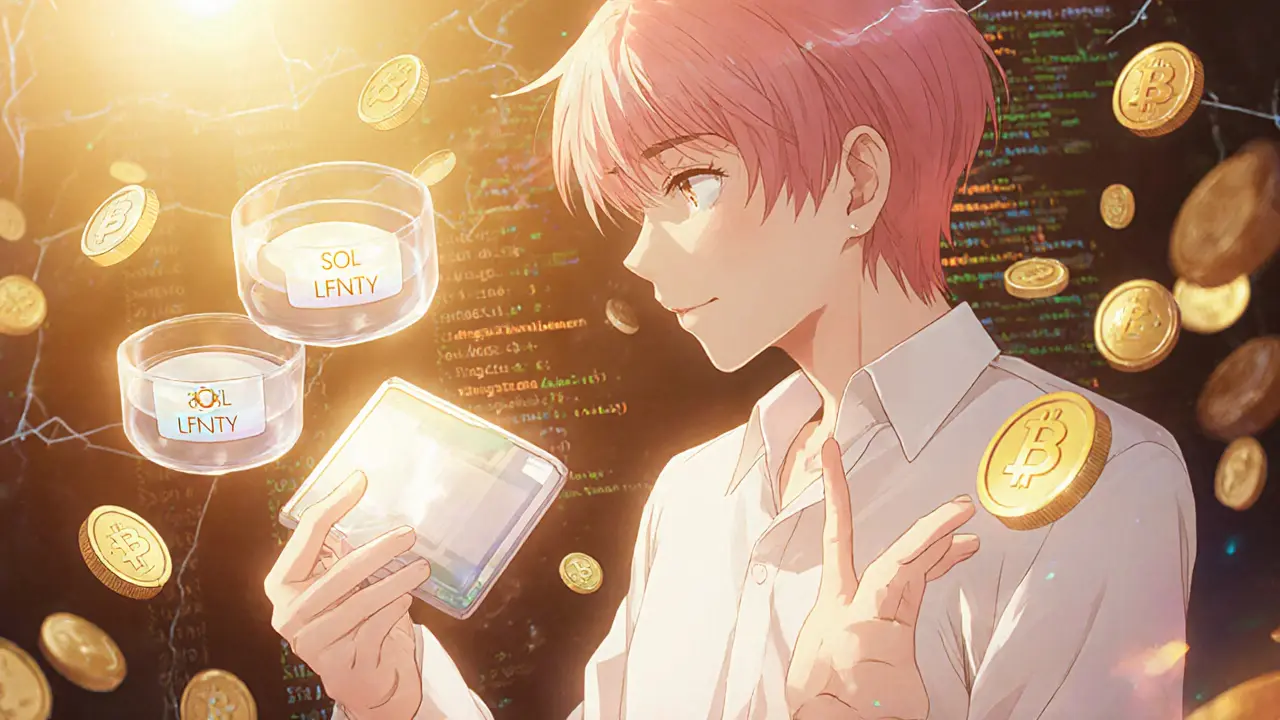 Manga scene of a user adding liquidity using a Solana wallet, with LFNTY coins floating.