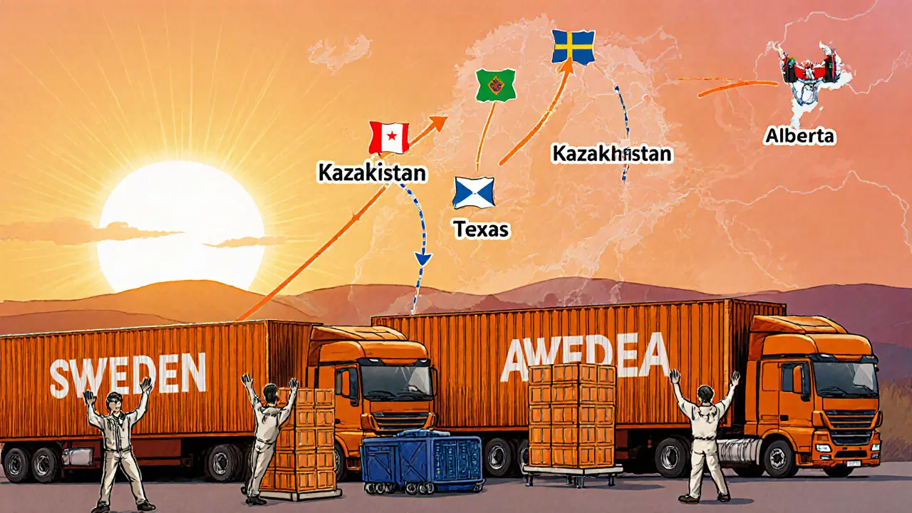Miners loading ASIC crates onto trucks, map arrows show relocation to new countries.