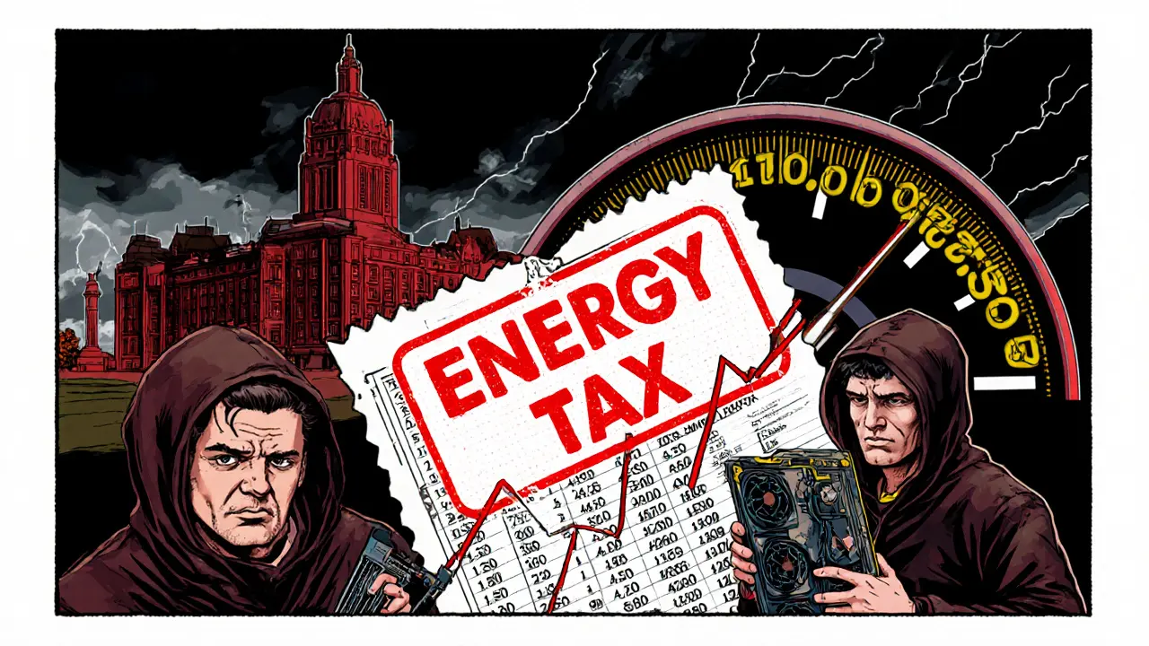 Swedish Parliament under storm clouds with a red energy tax stamp hitting a ledger.