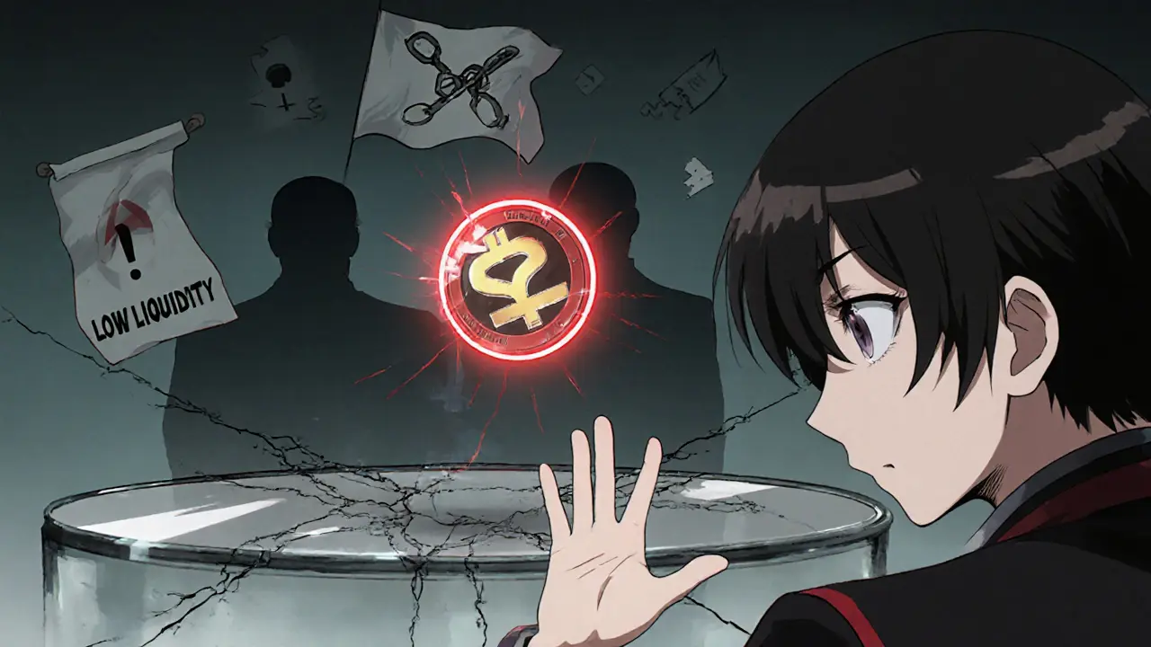 Anime scene of a trembling SC token surrounded by warning symbols and a cautious trader.