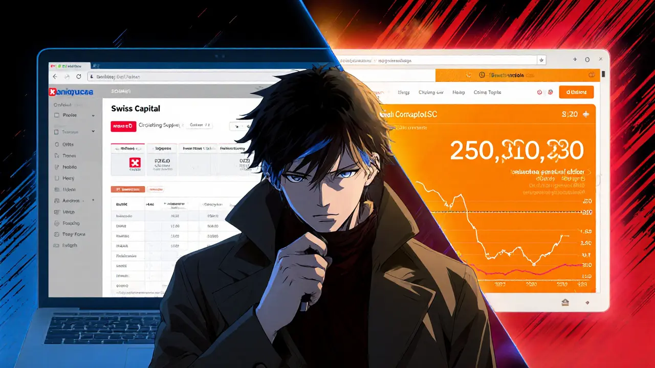 Split manga panel showing Coinbase zero supply vs CoinMarketCap full supply, with detective figure.