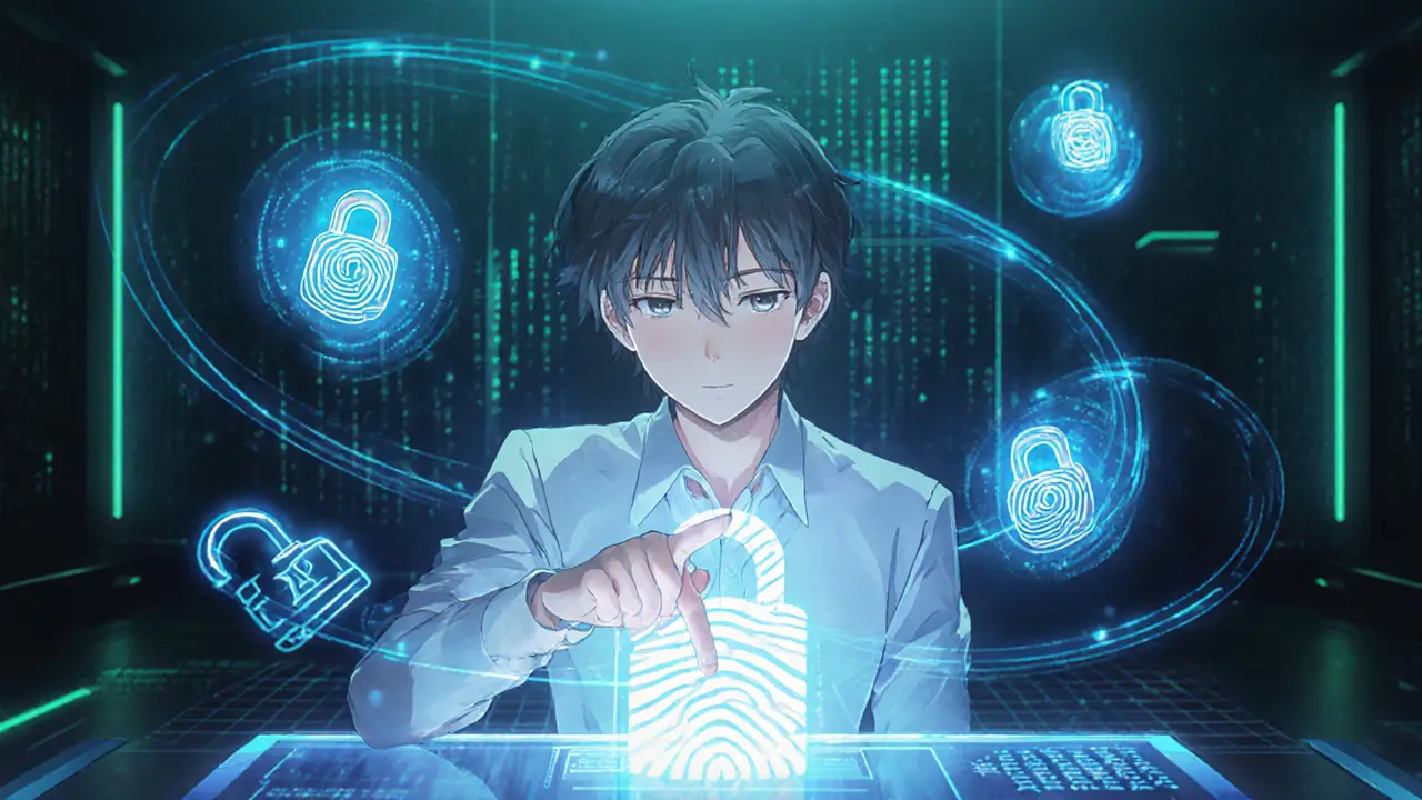 User verifying login with fingerprint and facial scan, surrounded by glowing data encryption symbols.