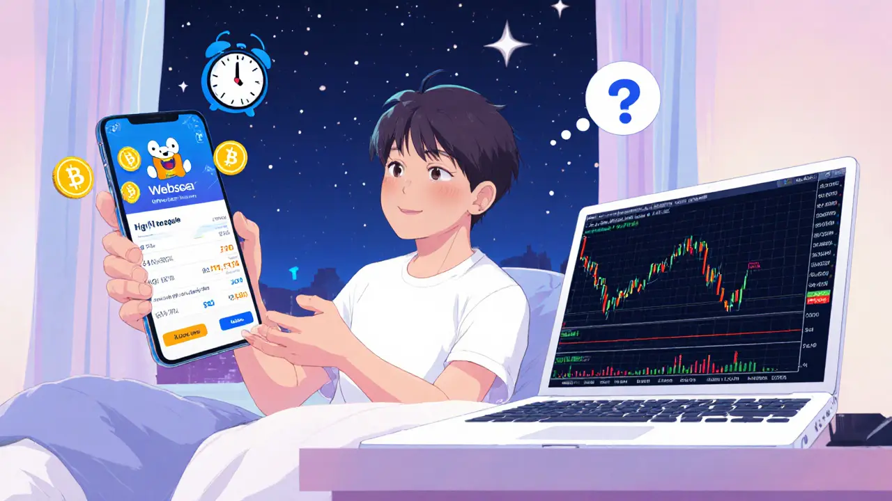 Young trader balancing Websea’s gamified UI on phone with a major exchange on laptop, showing reward tokens and a clock.