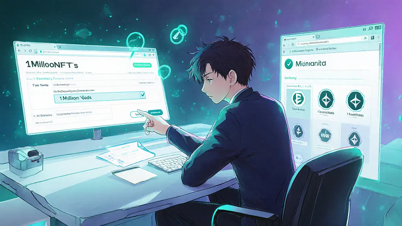 Character verifies the airdrop using website, Etherscan, and Monad Explorer UI bubbles.