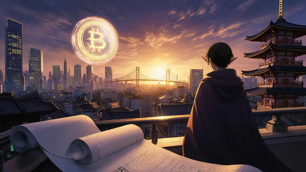 Elf looking out over a futuristic Japanese city sunrise with a glowing bridge and compliance badge.