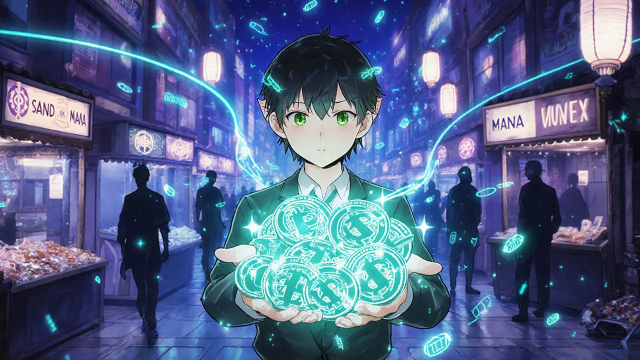Elf trader holding glowing ELF tokens in an empty marketplace contrasted with distant busy stalls.