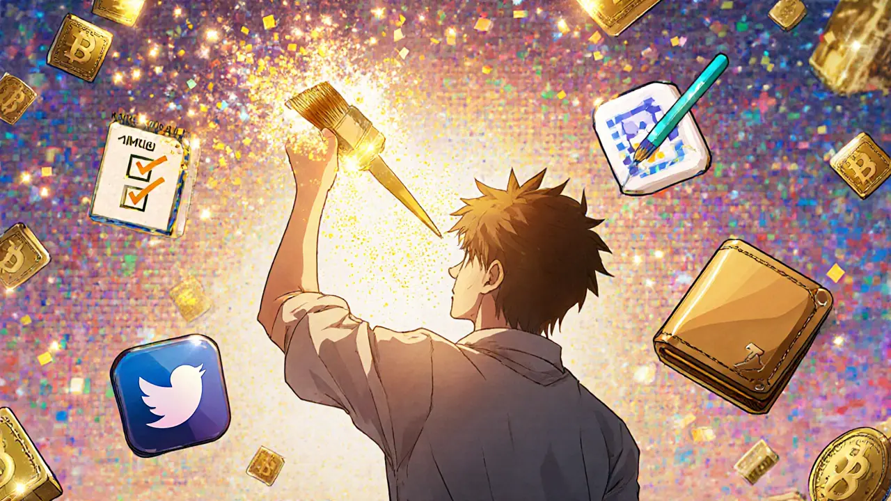 Hero paints a pixel on the giant canvas, surrounded by glowing checklist icons.