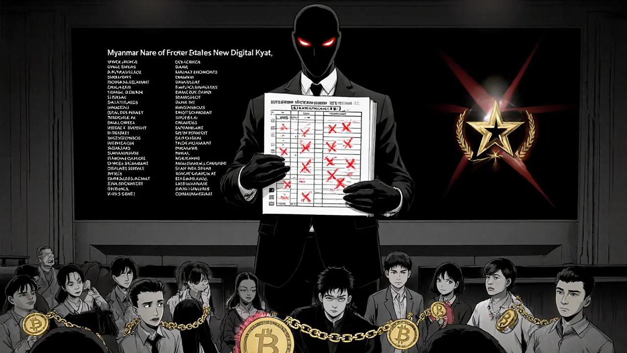 A faceless bank official towers over citizens chained by Bitcoin symbols in a courtroom scene.