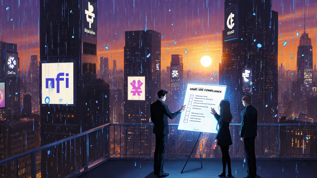 City skyline with crypto neon signs; regulator, CEO, and investor review a compliance checklist.