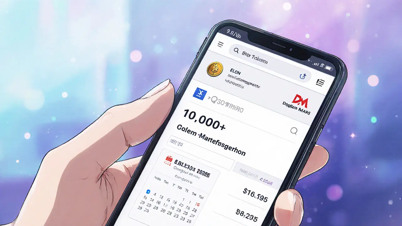 Close‑up of a phone showing ELON balance, snapshot date, and claim portal UI.