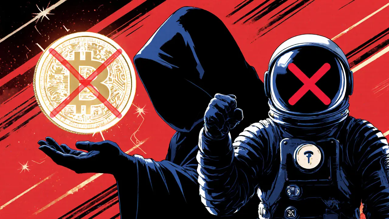 Shadowy figure offering fake ELON tokens, hero dog rejecting with a warning sign.