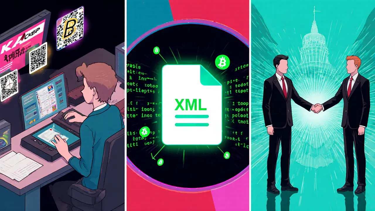 Three manga panels show data collection, XML generation, and tax officials exchanging the file.