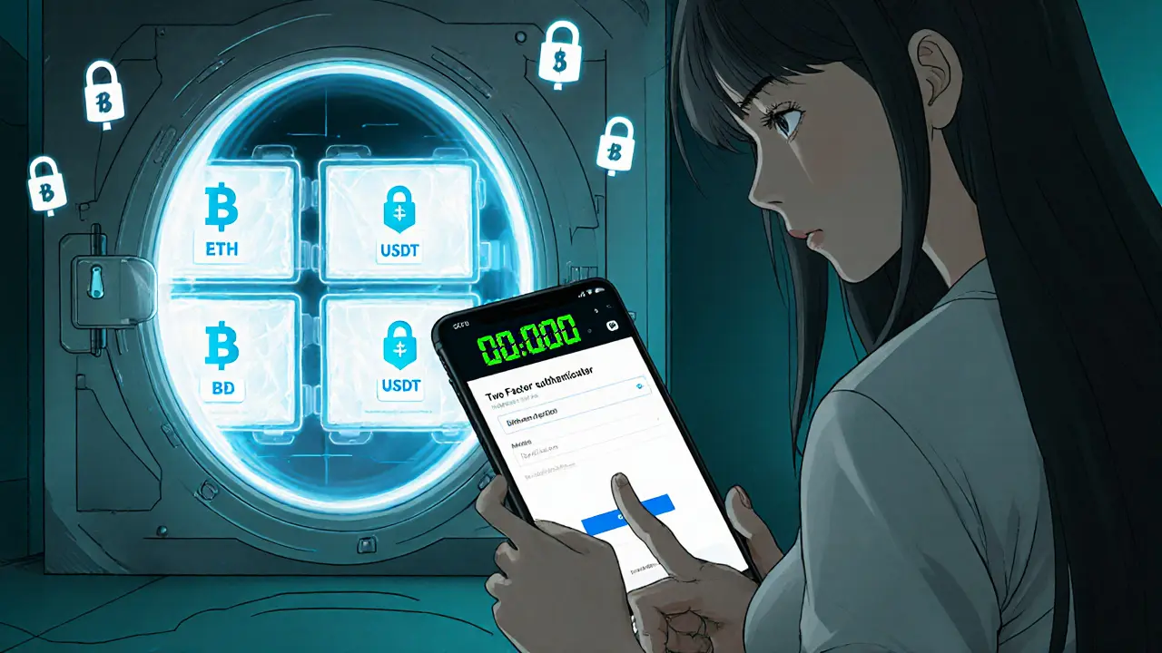 Trader activates 2FA on phone while a futuristic vault displays cold‑storage crates.