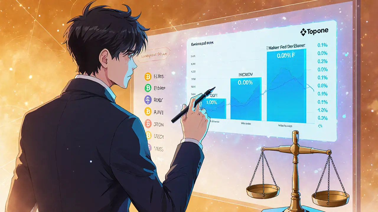 Trader compares Top.one fees to rivals on a holographic chart with a balancing scale.