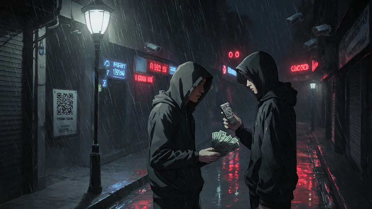 Two people exchange cash for USDT in a rainy alley at night, under surveillance cameras.