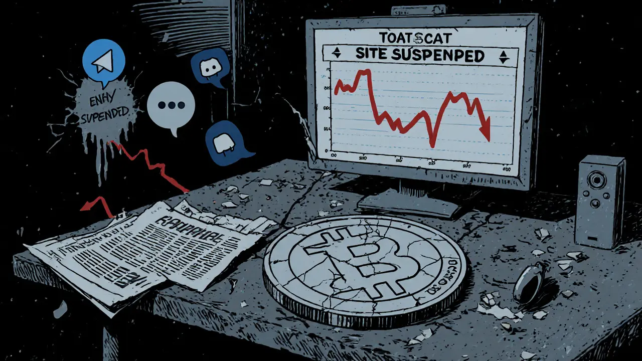 Broken TCAT coin on a shattered desk with a suspended site sign and falling chart.