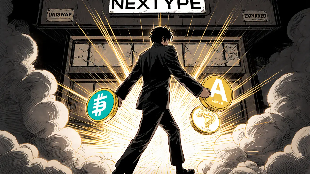 Figure leaves a dark Nextype site, holding safe token icons for Uniswap, Aave, Optimism.