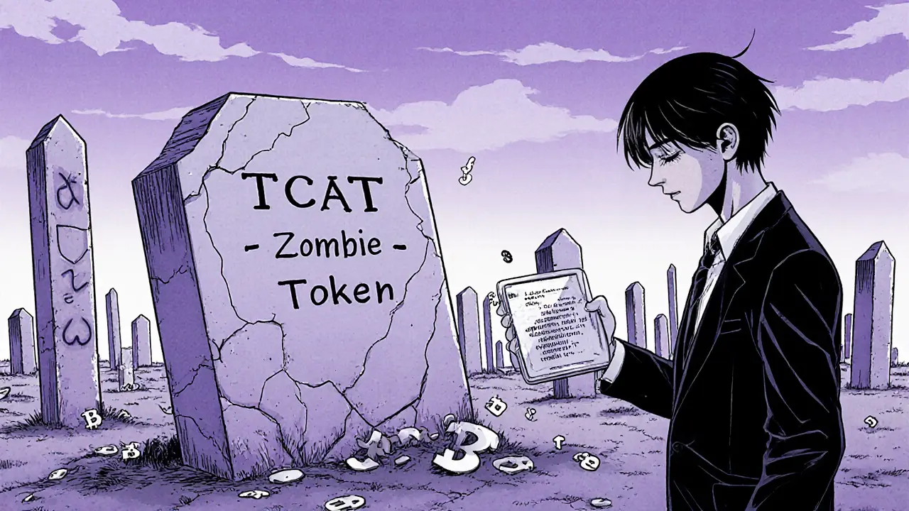 Graveyard scene with a TCAT tombstone and a worried investor holding a wallet.