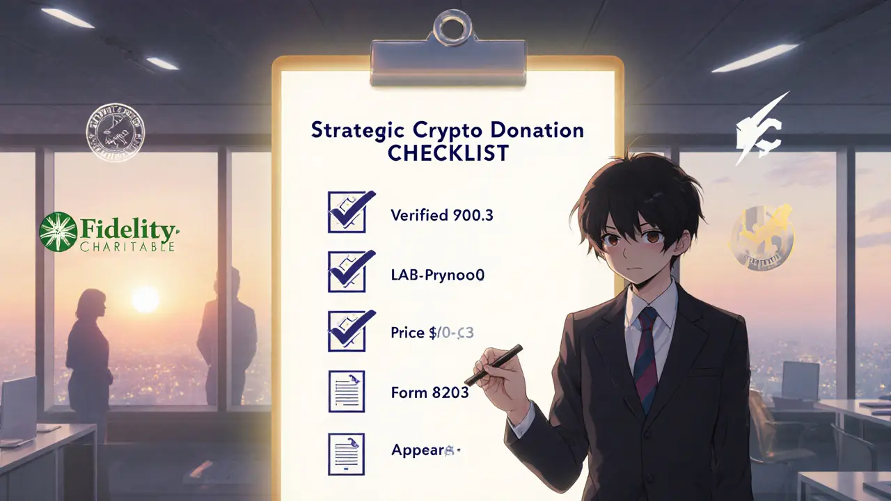 Manga character checking off a crypto donation checklist with document icons.