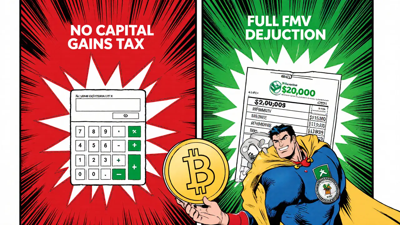 Split manga panel showing no capital gains tax and full FMV deduction with a superhero figure.