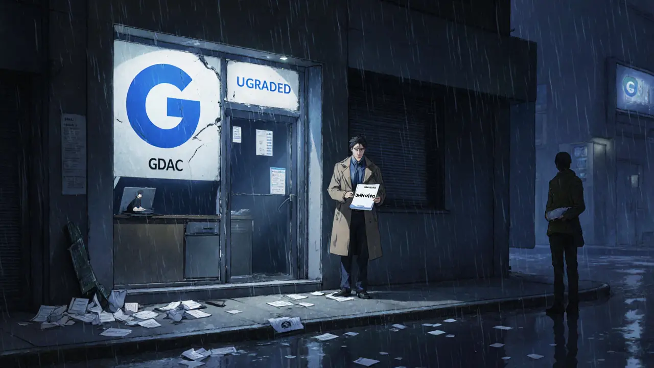 Abandoned GDAC office at night with investigator, hardware wallet, and "Untracked" sign.