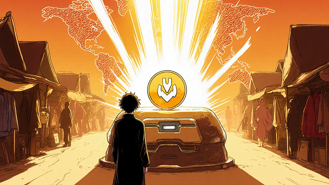 Anime figure inserting WPAY into a staking terminal, light beams rising like a sunrise.