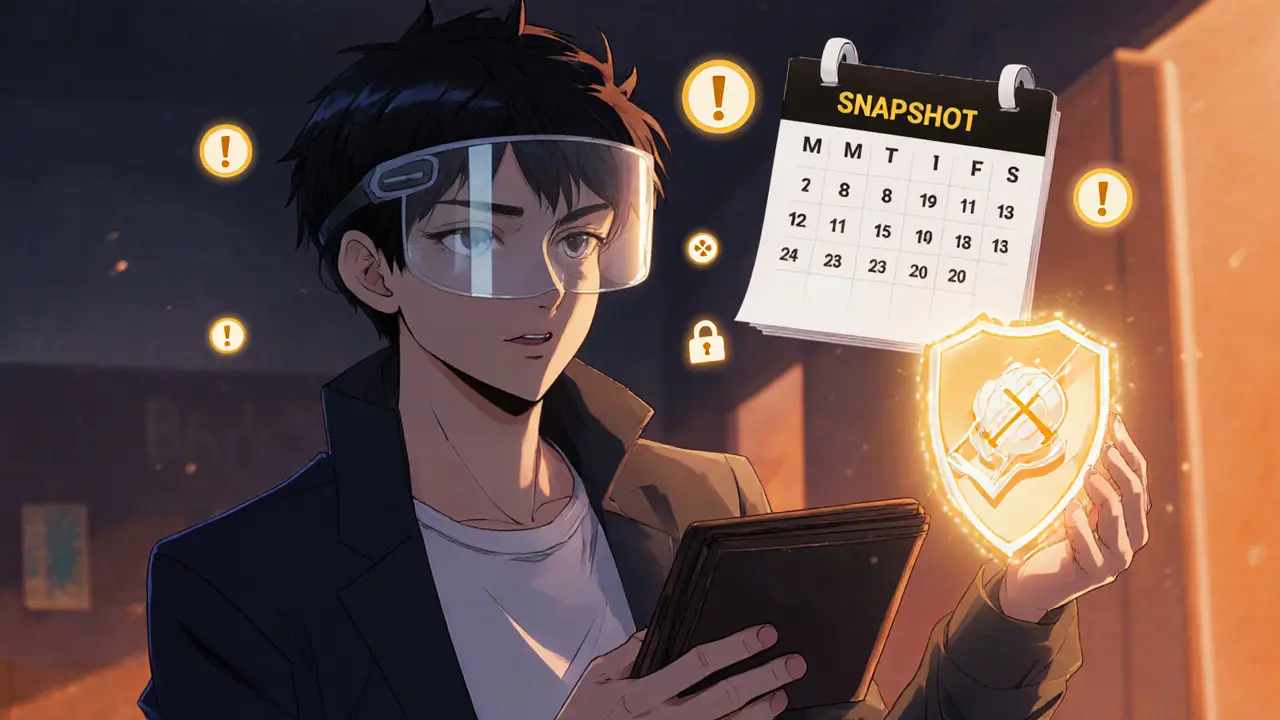 Crypto user checks hardware wallet and security symbols before the airdrop snapshot.
