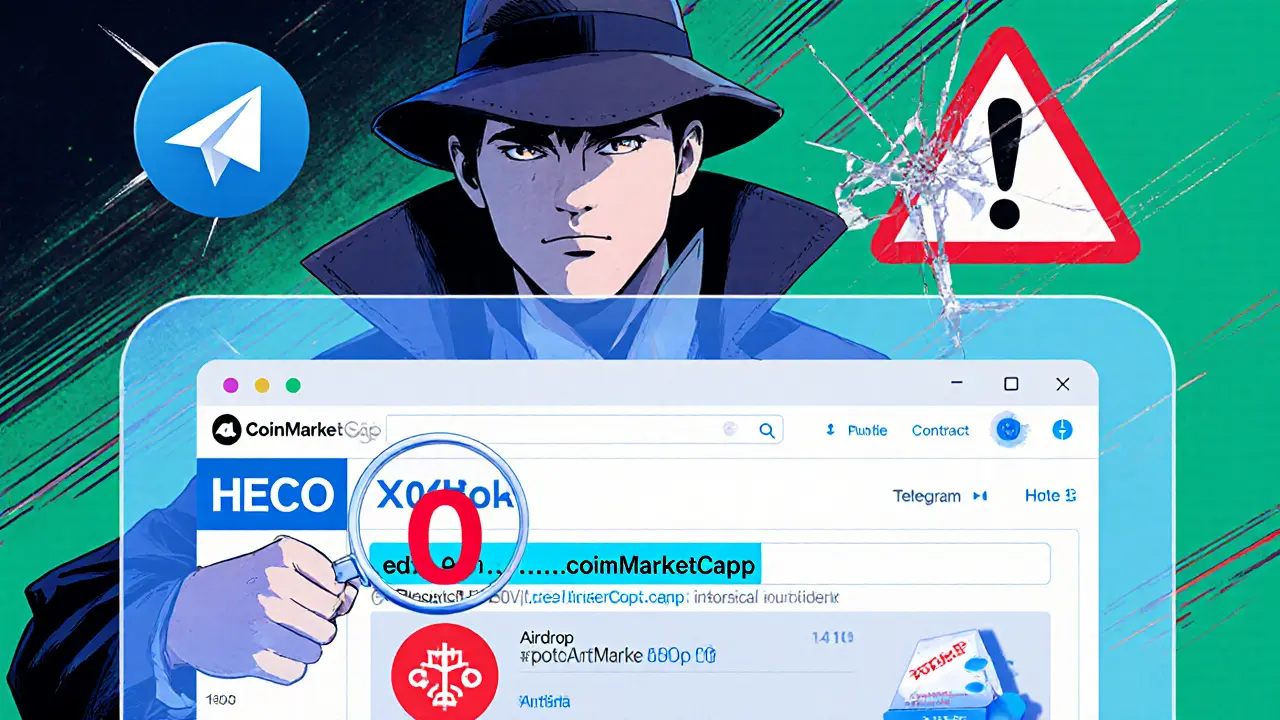 Detective character examining a blockchain explorer showing zero airdrop activity and false logos.