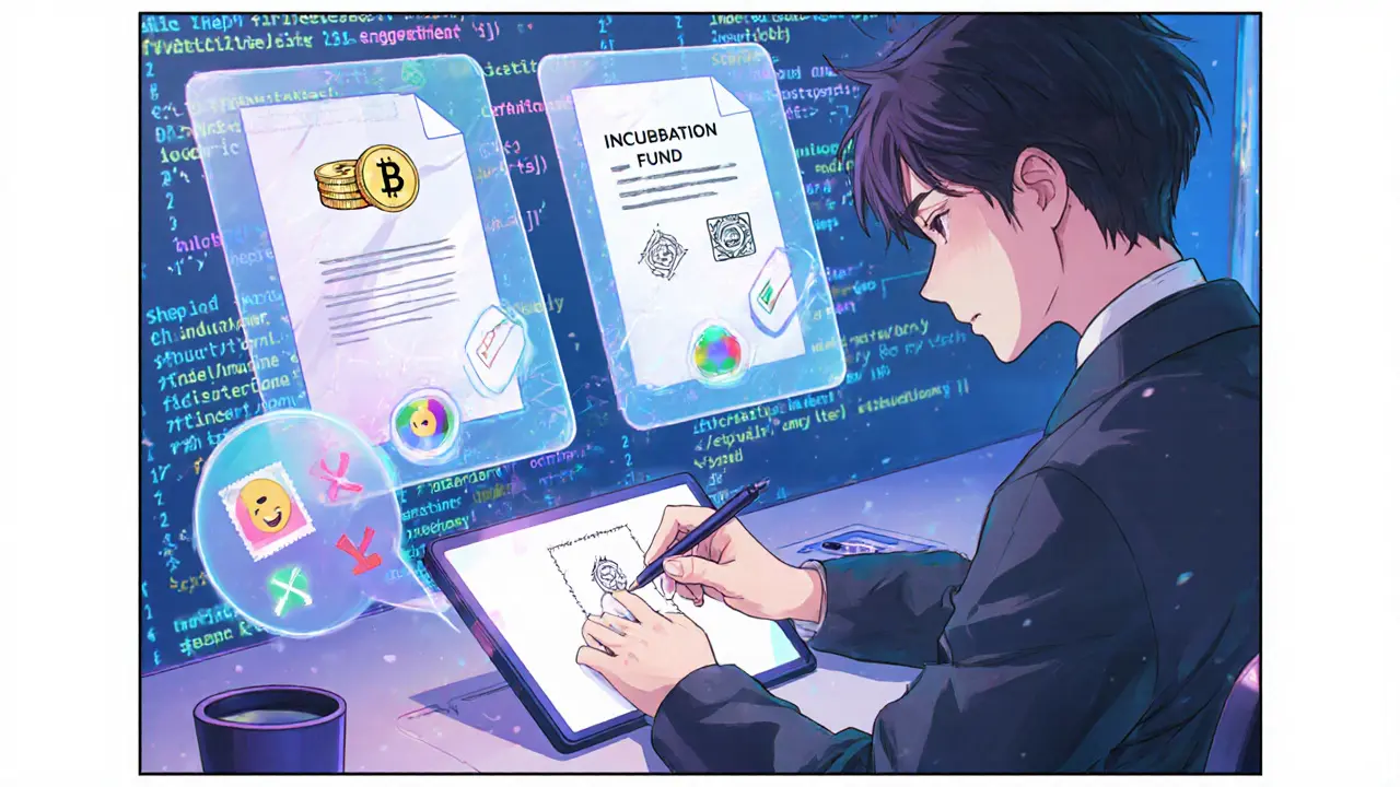 Developer creates NFT at a desk with checklist icons for airdrop requirements.