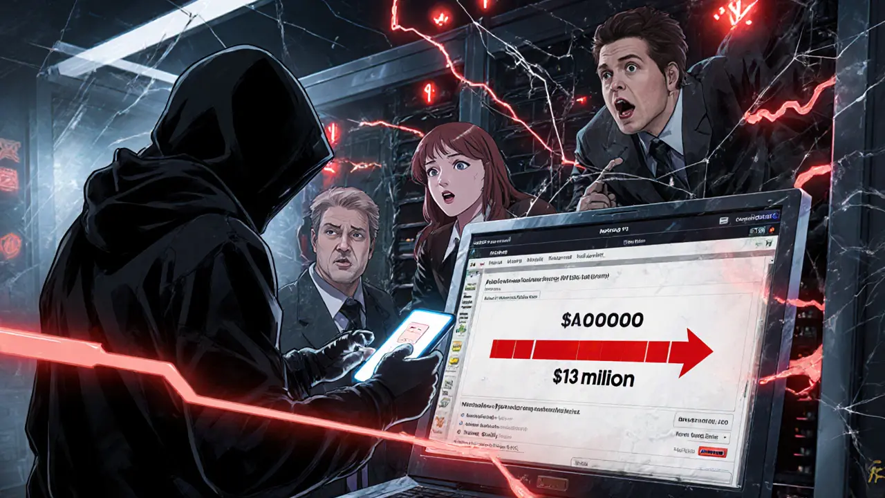 Hacker with a phone draining a hot wallet in a server room, alarms flashing red.