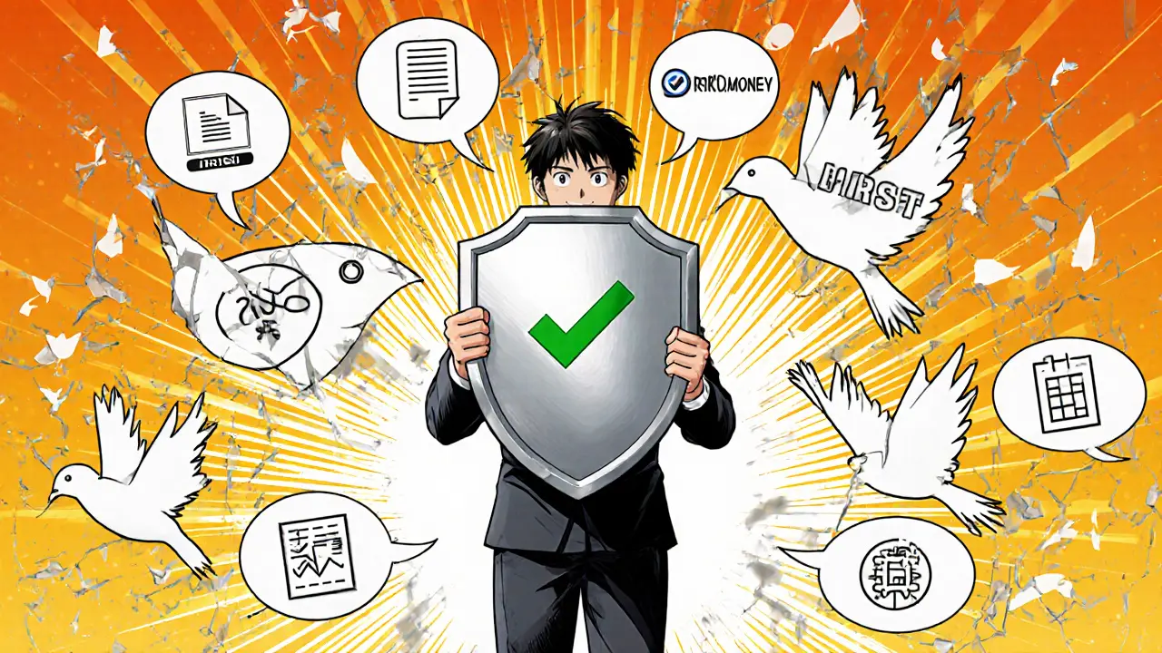 Heroic figure holding a shield with a checkmark as bird token logos shatter in sunrise light.