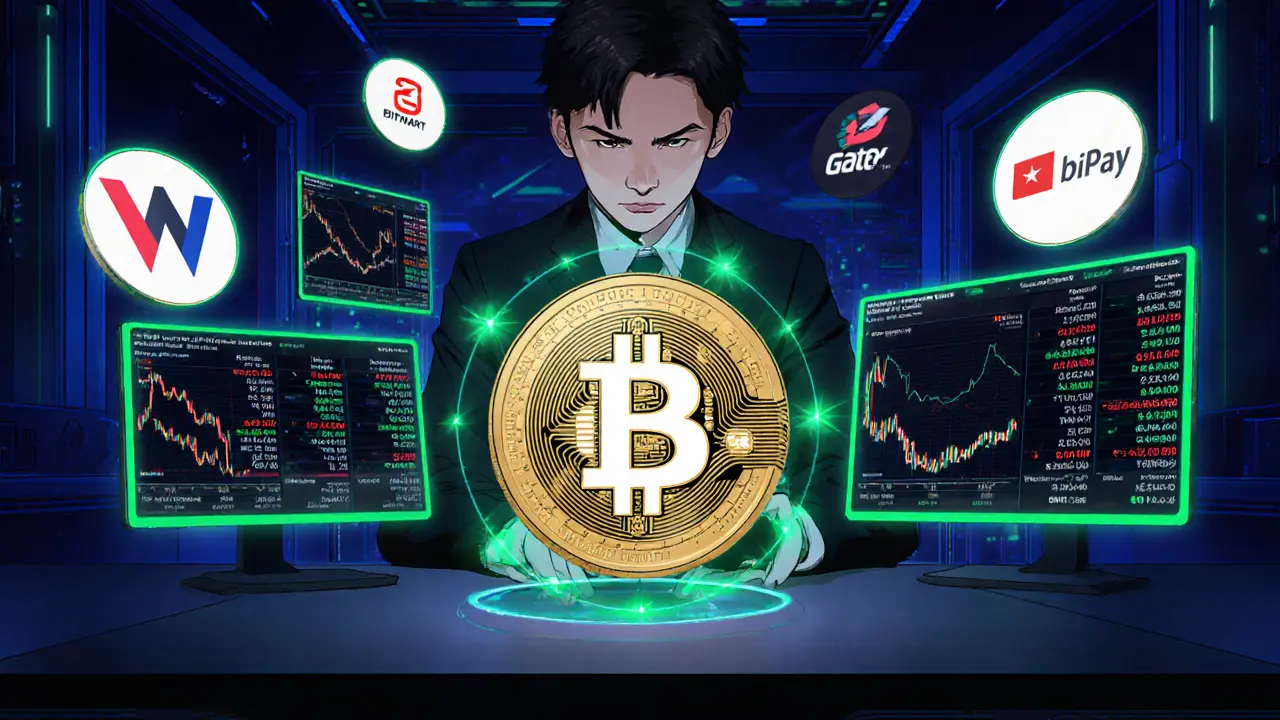 Manga scene of a trader analyzing holographic screens with a rotating WPAY token on a crypto desk.