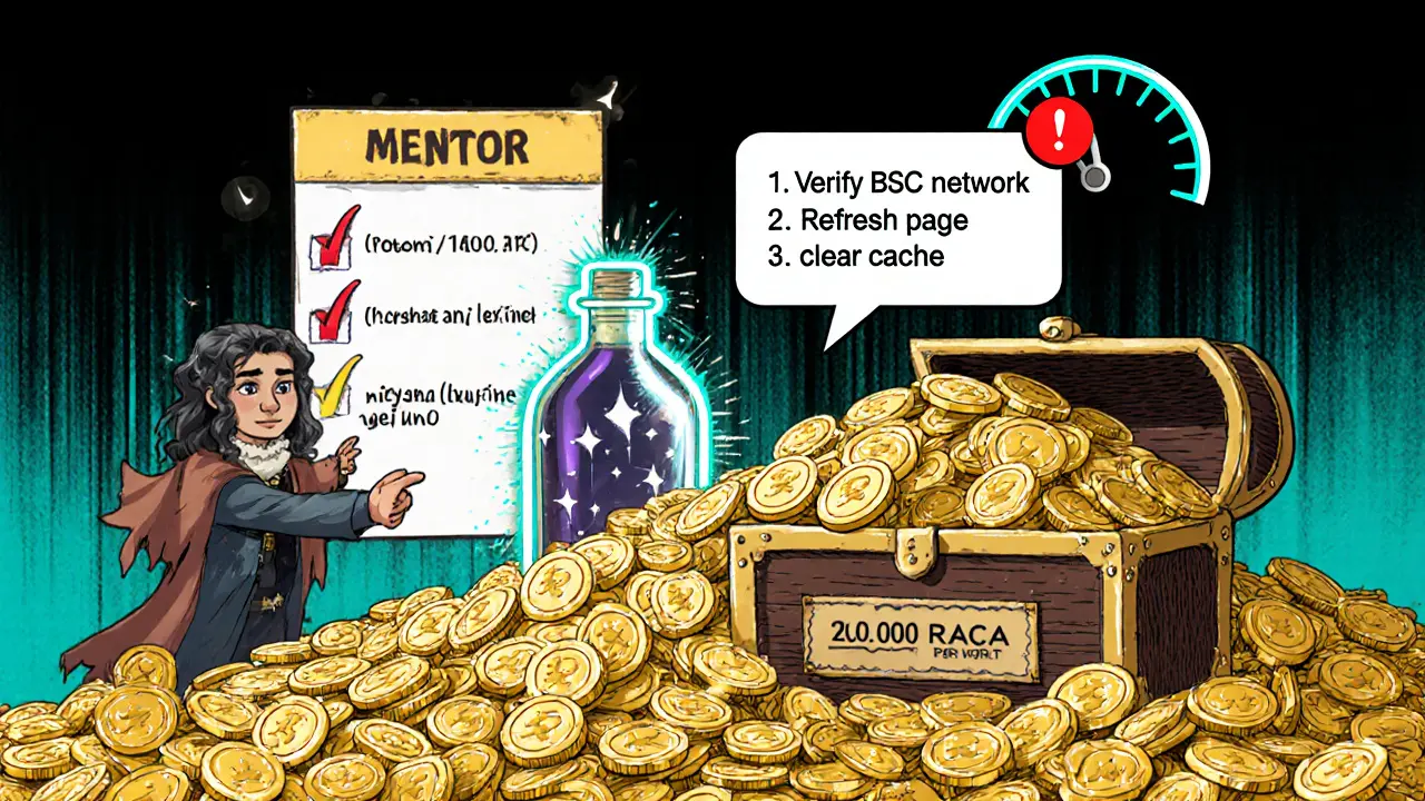 Anime character receiving a Potion and RACA tokens while a mentor points out troubleshooting steps.