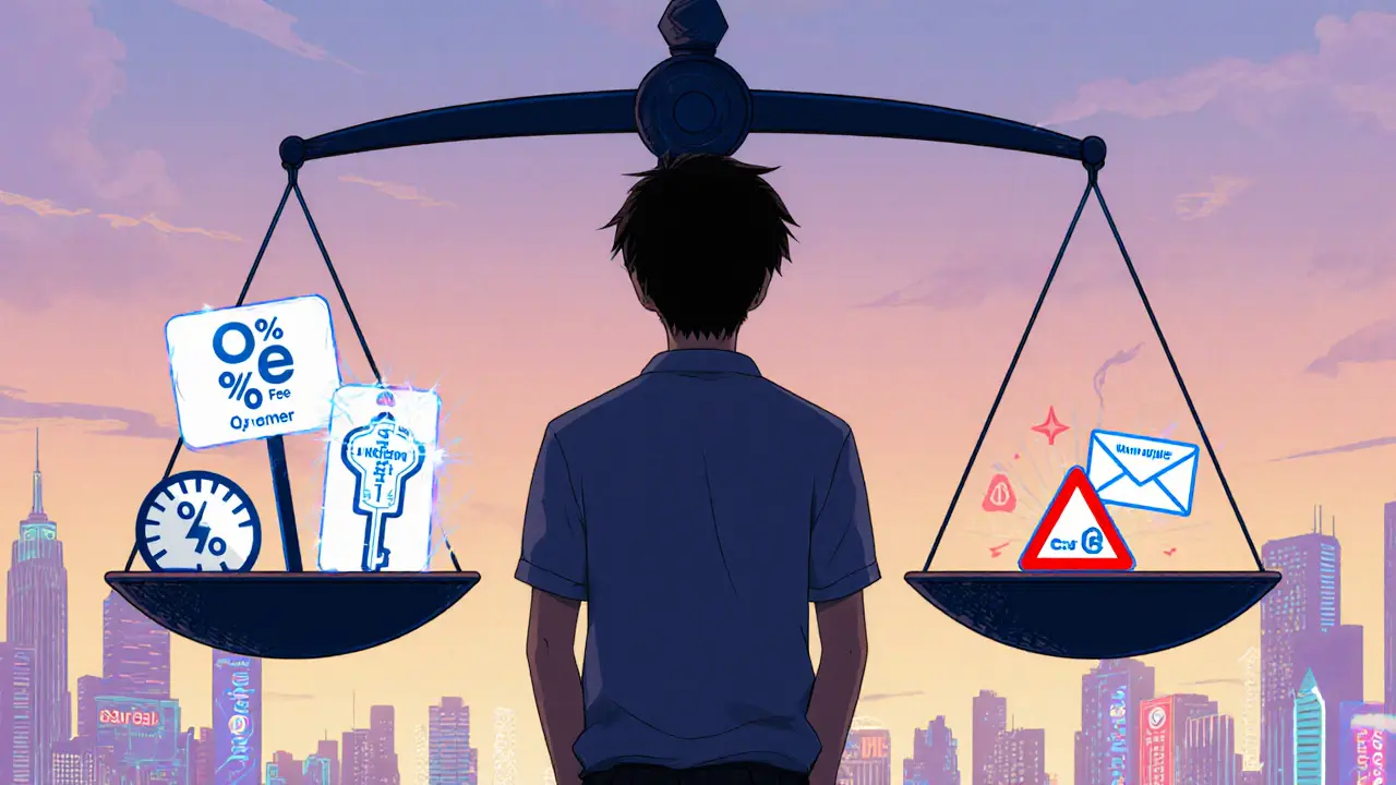 Balance scale comparing Cube Exchange pros and cons with city skyline background.