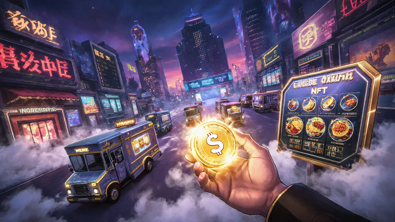 Dramatic food‑truck race with a glowing token and holographic marketplace in the background.