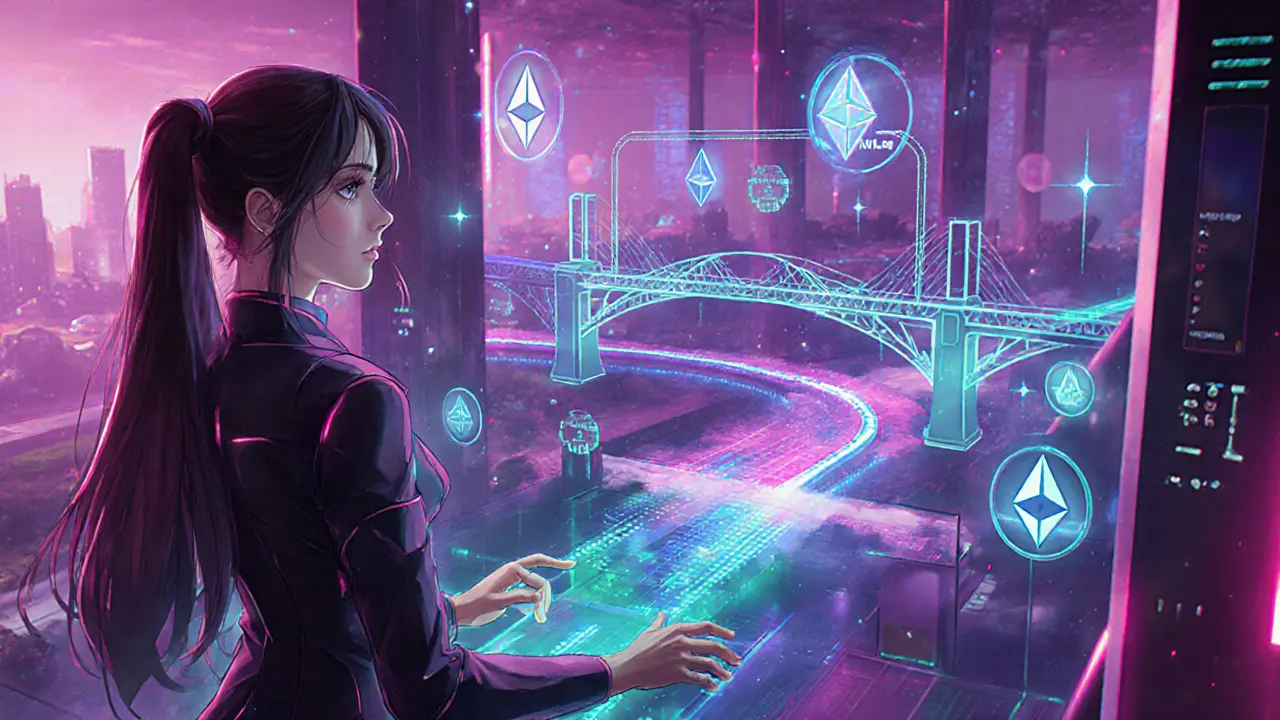Futuristic anime avatar using a holographic DEX with AMM pools and cross‑chain bridges.