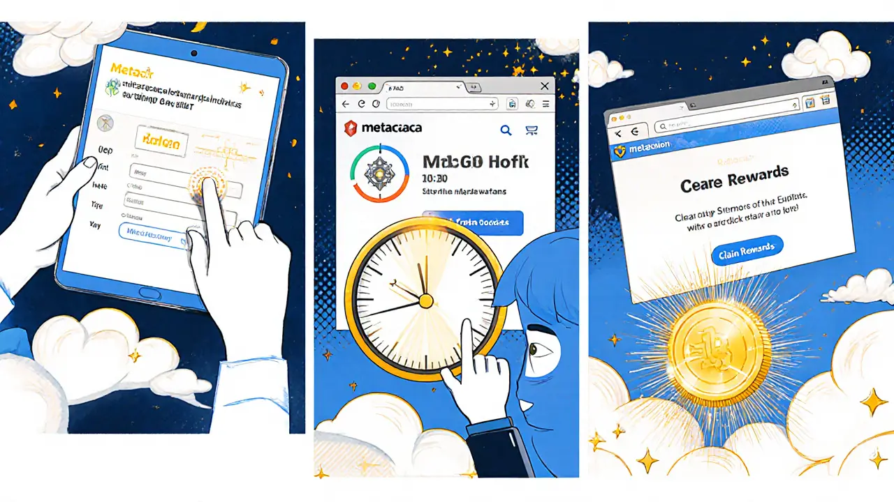 Manga panel sequence illustrating wallet setup, NFT purchase, snapshot clock, cookie clearing, and claim button.