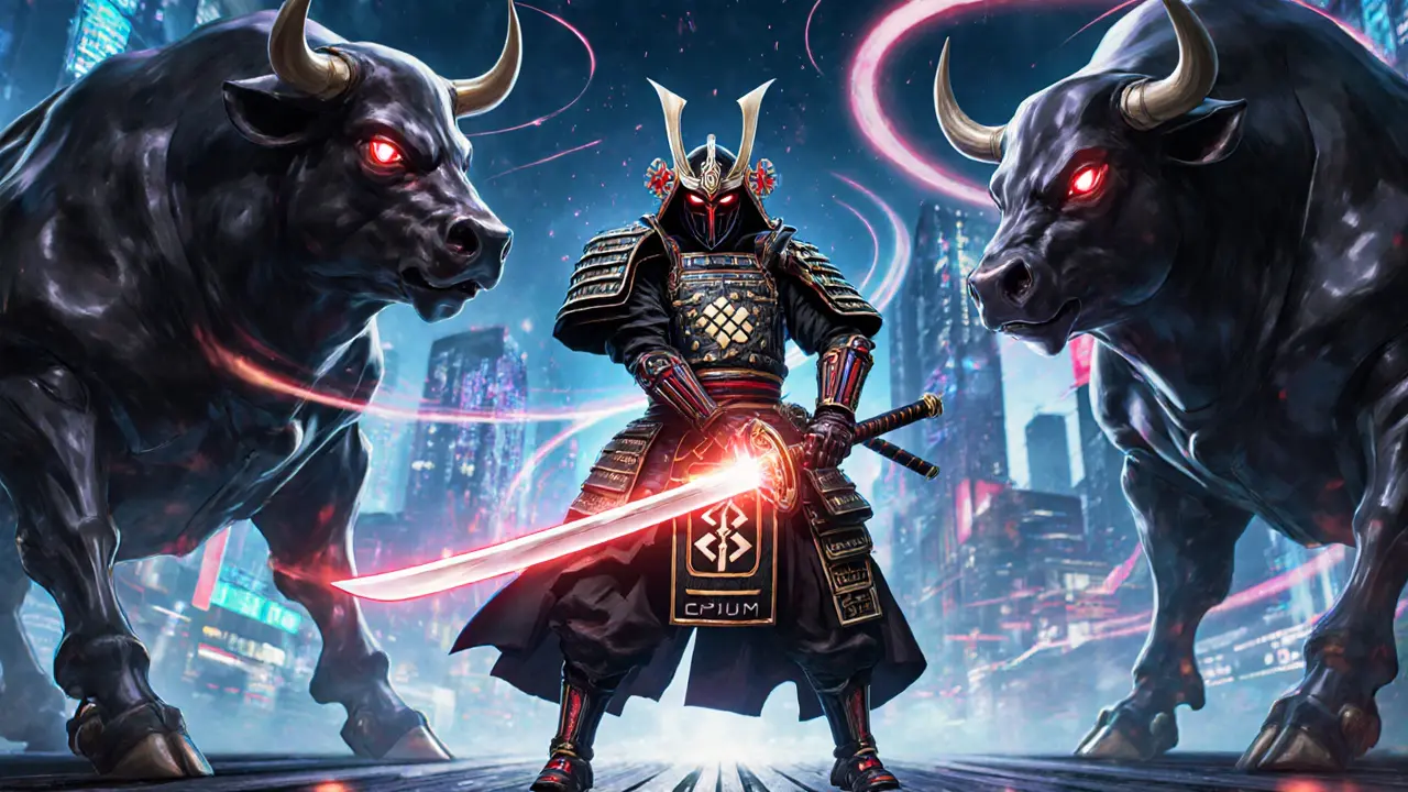 Samurai representing Opium battles robotic exchange giants, symbolizing v3.0 upgrades.