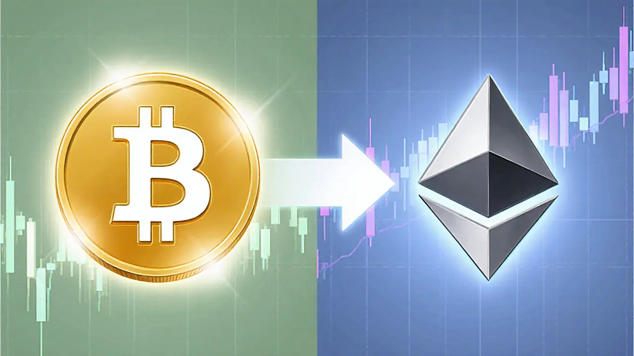 Split illustration showing Bitcoin as base and Ethereum as quote with an arrow.