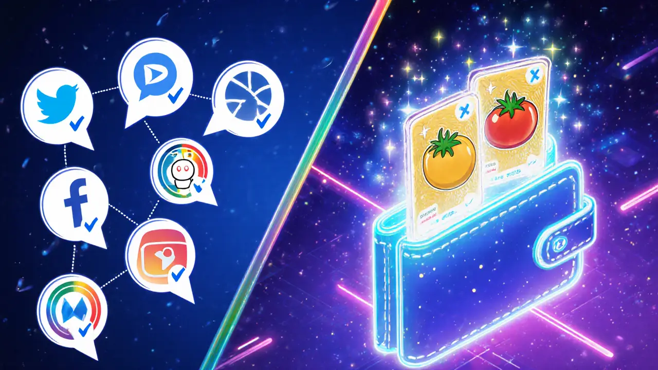 Split view of social media checkmarks and a wallet receiving two glowing ingredient NFTs.