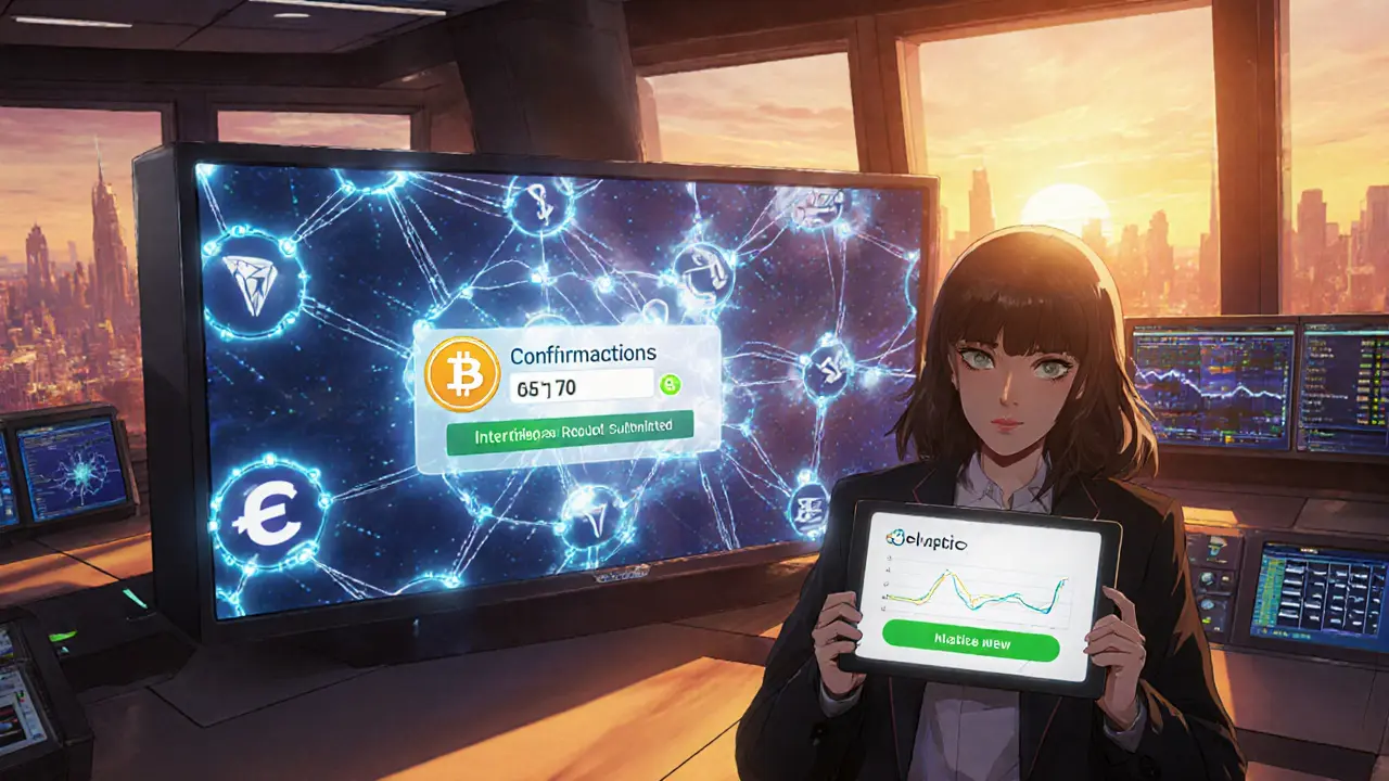 The person stands before a holographic blockchain network, holding a tablet with a report confirmation.