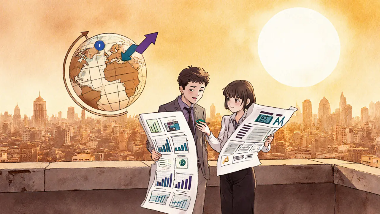 Trader and advisor on rooftop planning strategies with sunrise city view and global arrows.
