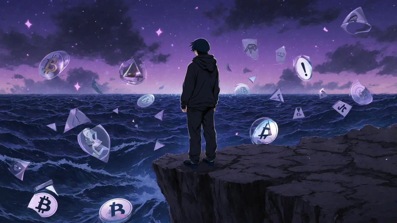 Anime character overlooking a stormy digital landscape, symbolizing crypto trading risks.