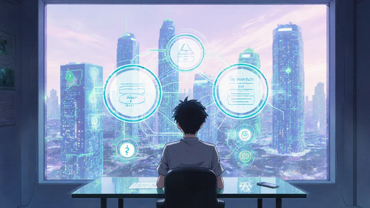 Anime‑style future workspace with holographic blockchain concepts and a coder at a desk.