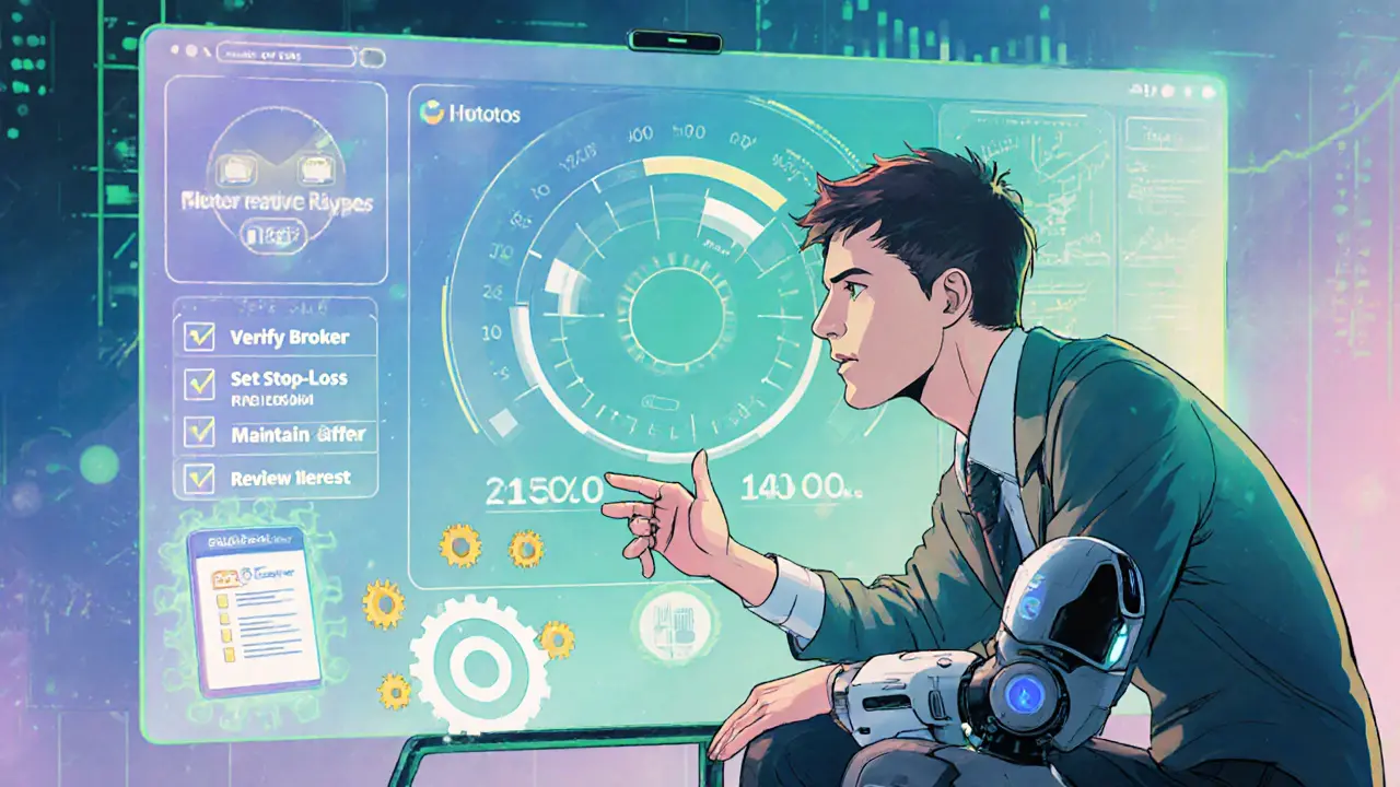 Anime trader using a futuristic dashboard with risk‑management checklist.