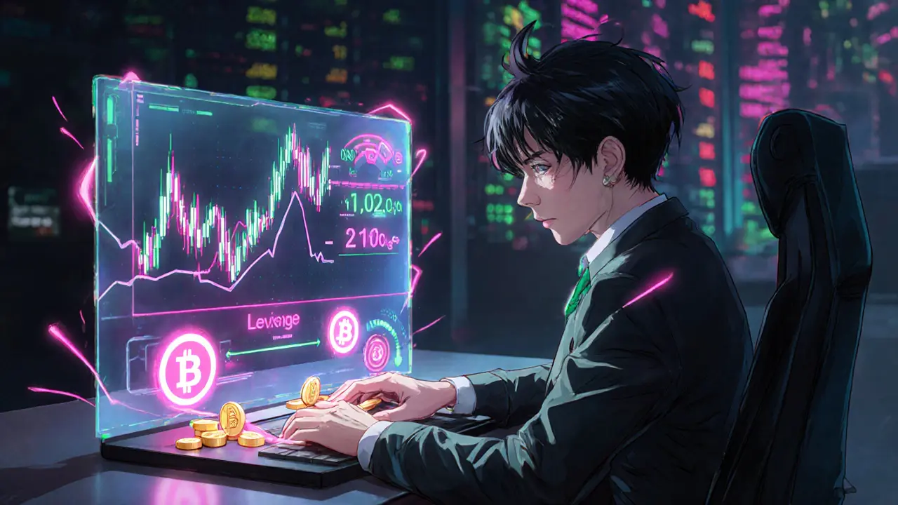 Anime trader using a high‑tech dashboard showing Bitcoin charts and 150× leverage.