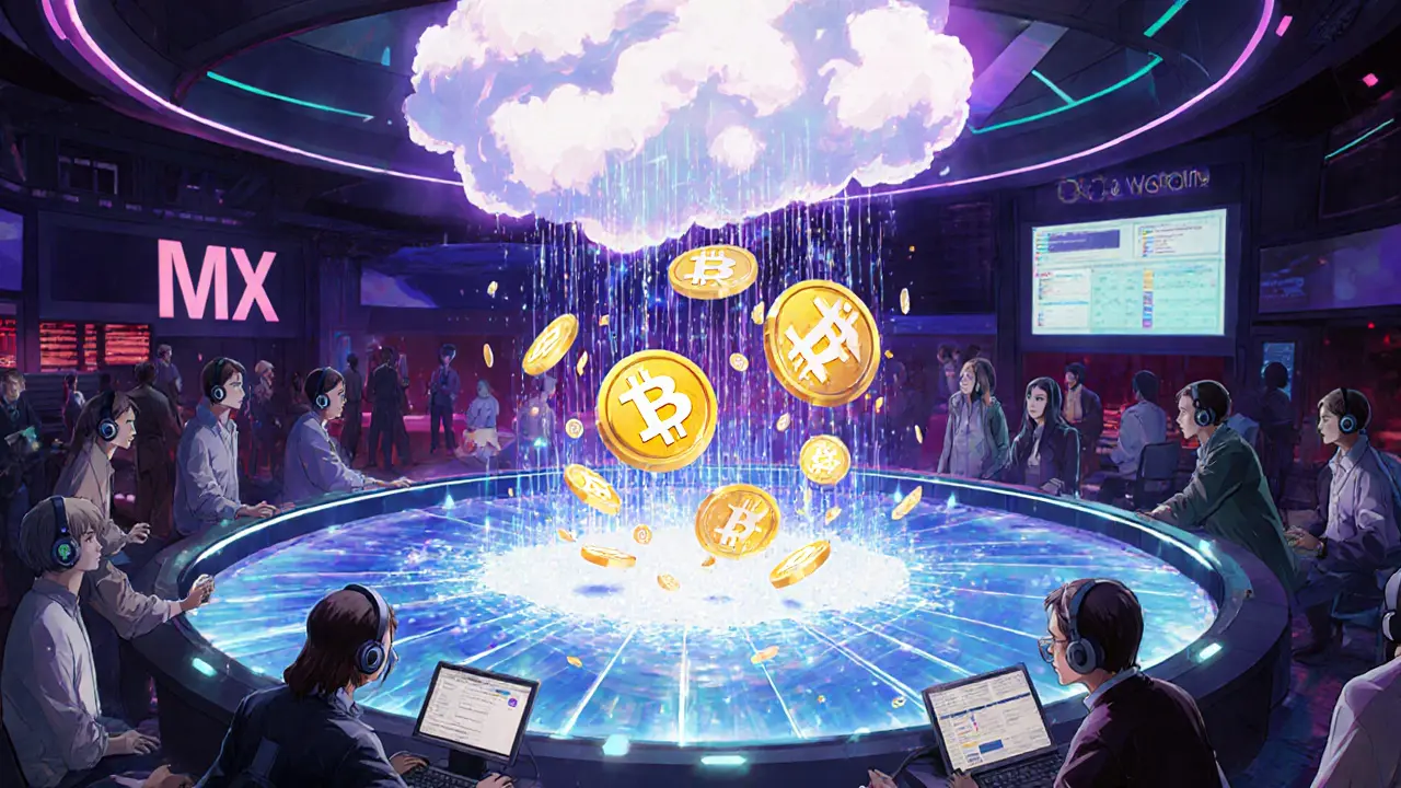 Crowd of users staking MX tokens while WSPP tokens fall from a glowing pool.