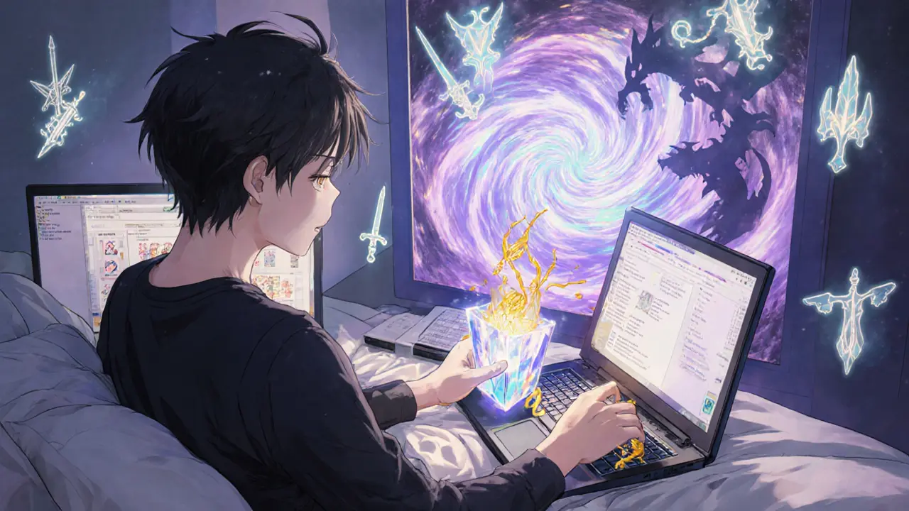 Fan using a crystal‑like wallet to stake WICKED tokens, with glowing NFT silhouettes.