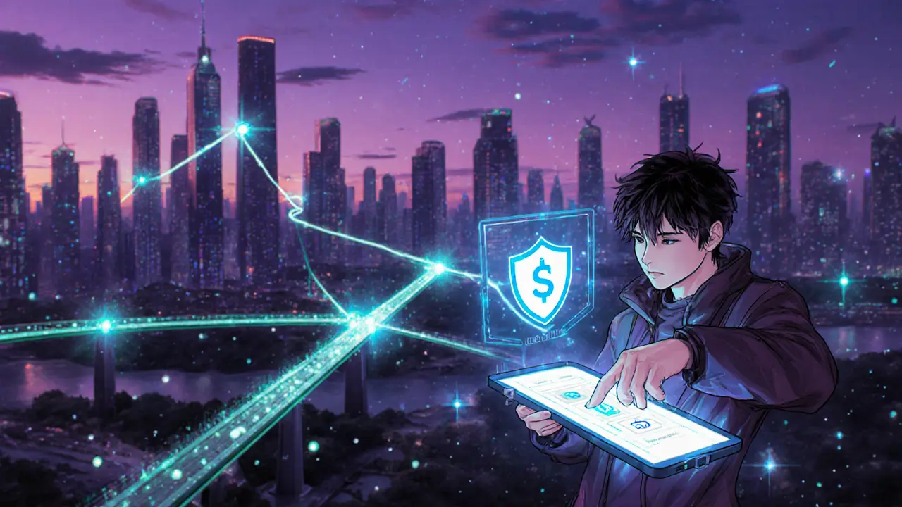 Futuristic city with a user performing a cross‑chain swap protected by a glowing shield.