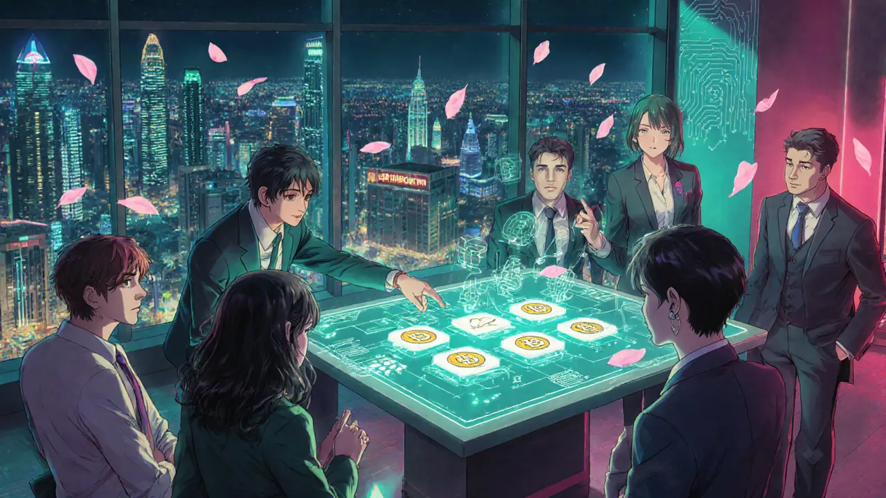 Futuristic manga office where crypto entrepreneurs discuss banking partnerships under bright city lights.